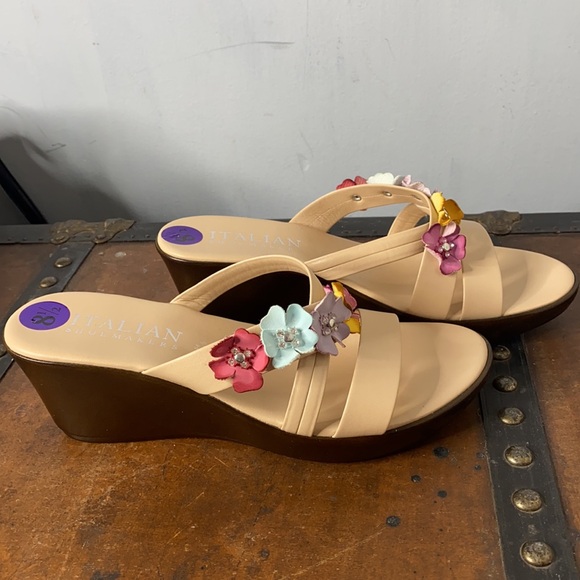 - Italian Shoemaker Tan Slid On Sandals With Flower Details - Picture 2 of 5
